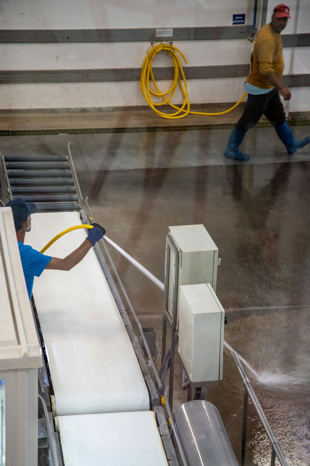 Workers cleaning a conveyor belt with hoses in a factory.